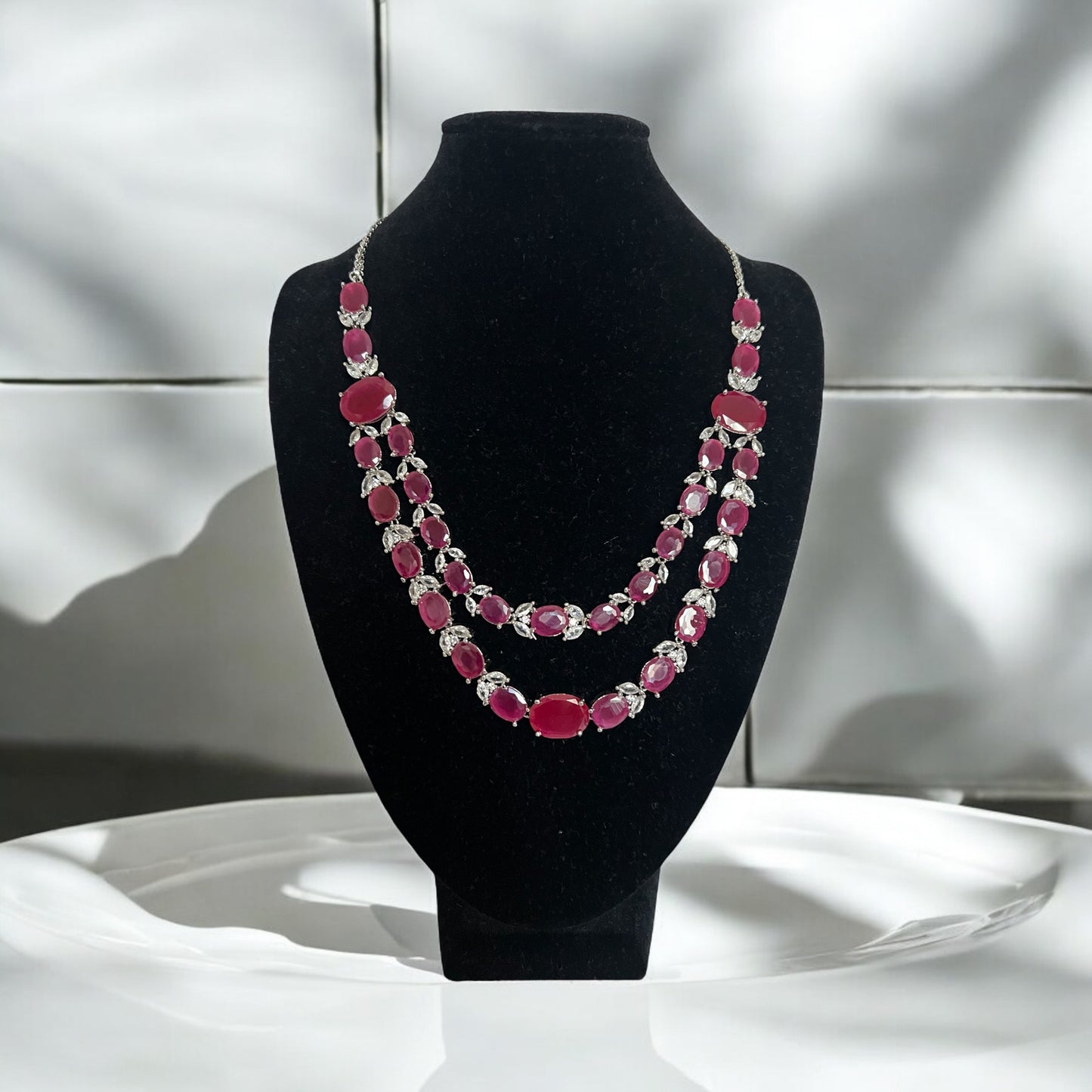 Rani Pink Double Layer Gemstone Necklace Set