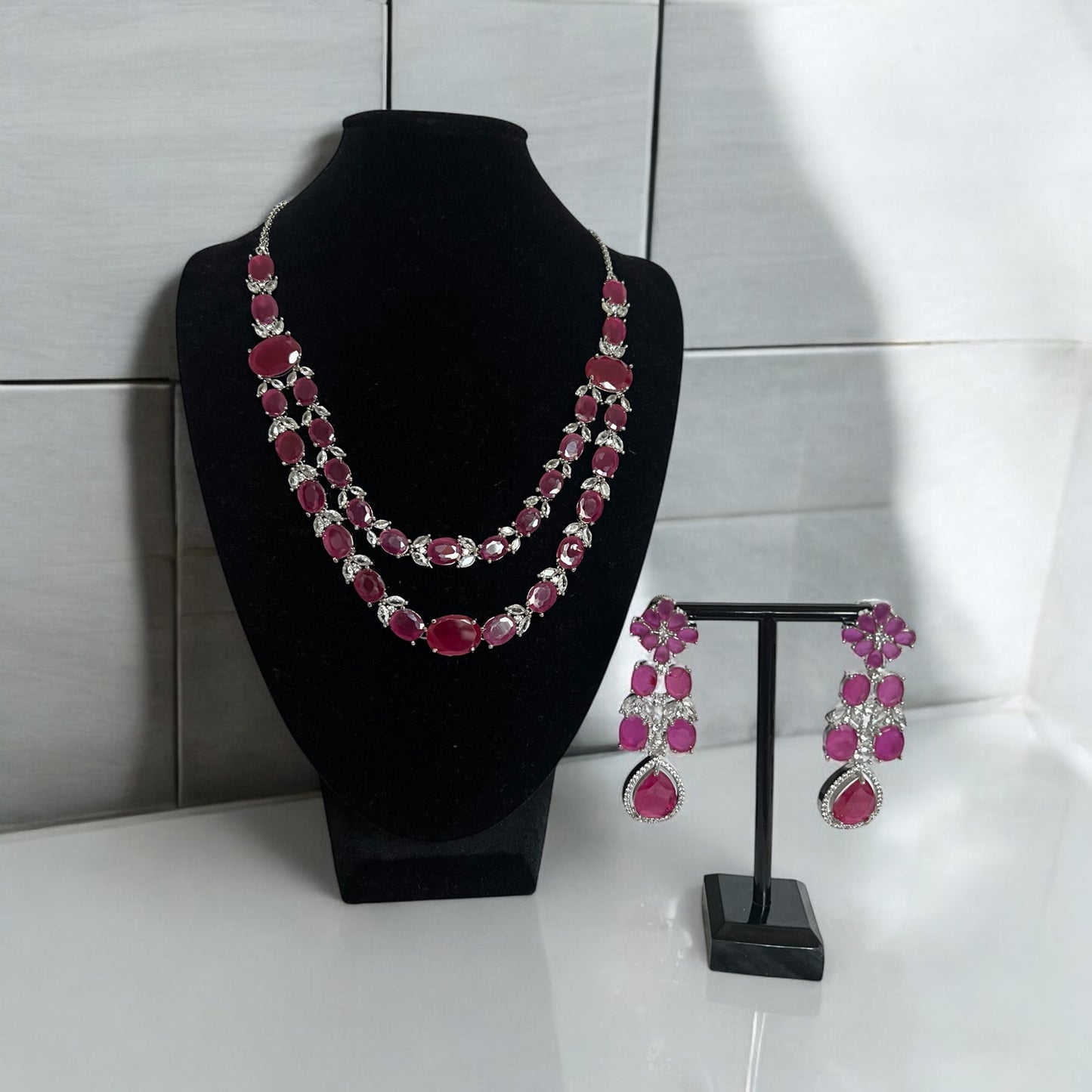 Rani Pink Double Layer Gemstone Necklace Set