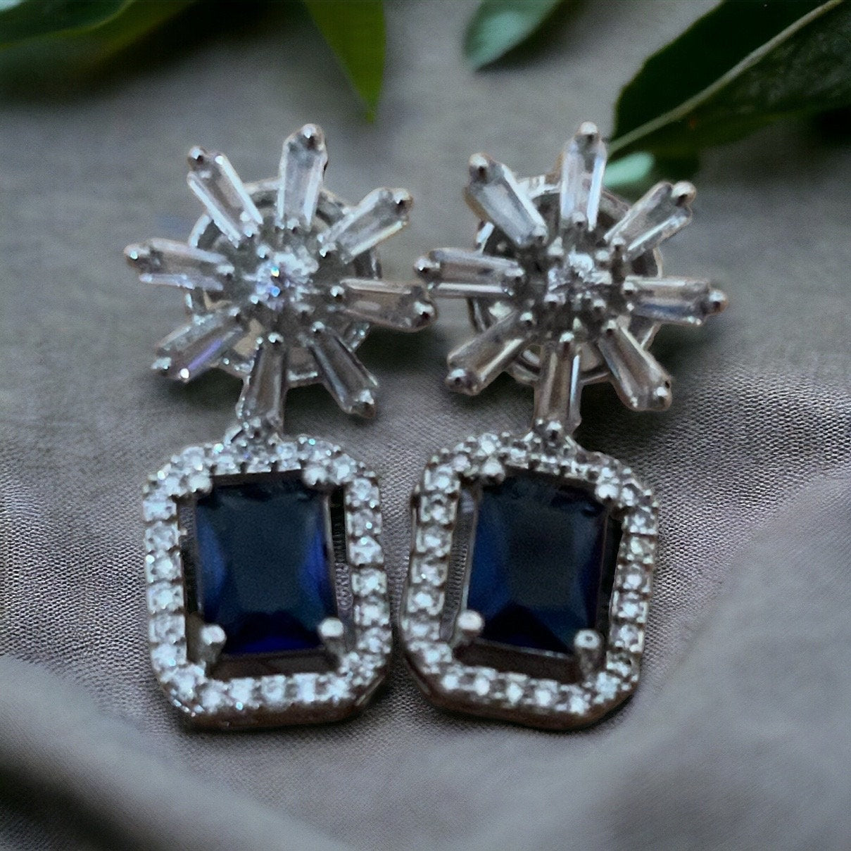 Sapphire Blue , Navy Crystal Star Studded Drop Earrings Indian, Asian, Bollywood Jewelry