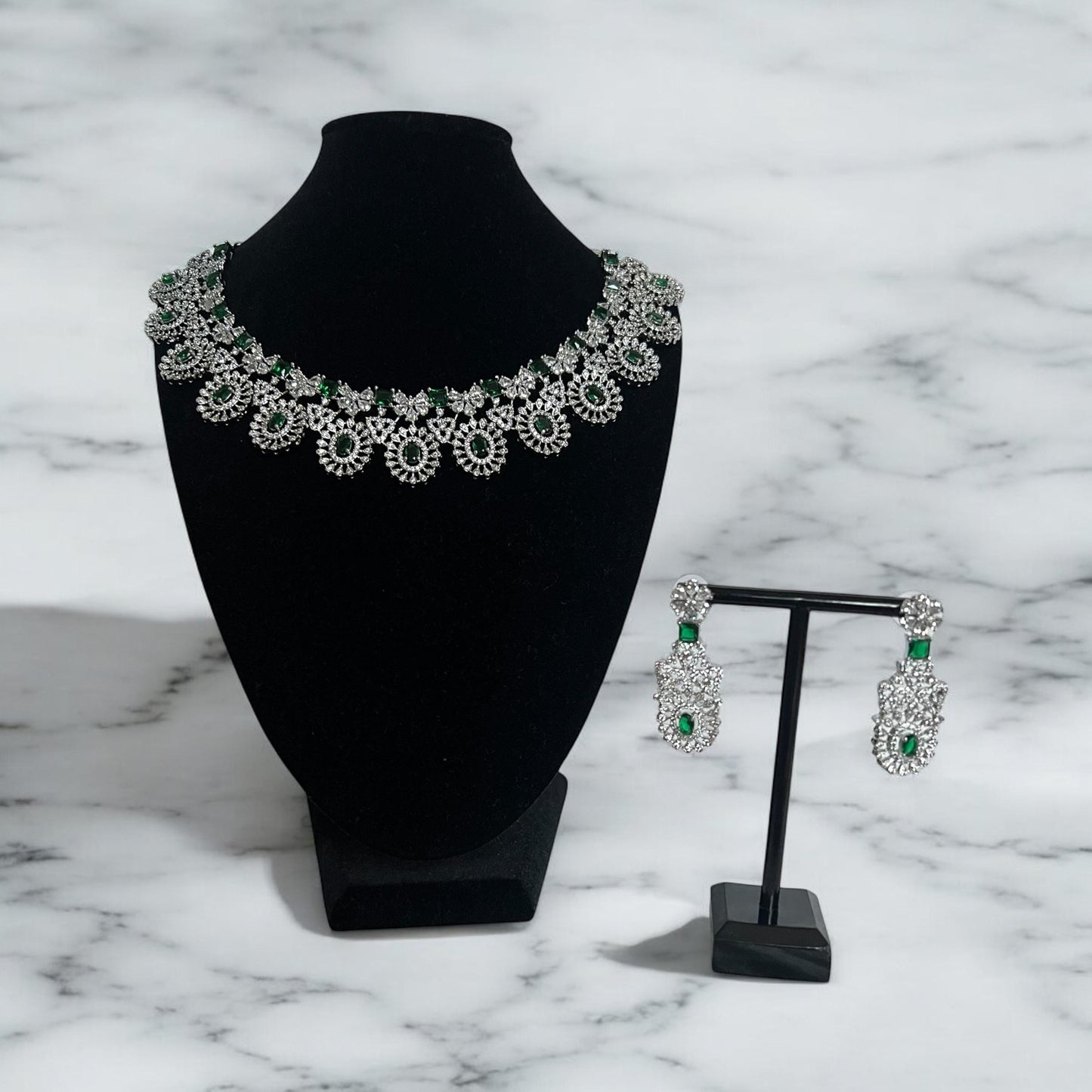 Green American Diamond Intricate Detailed Necklace Set
