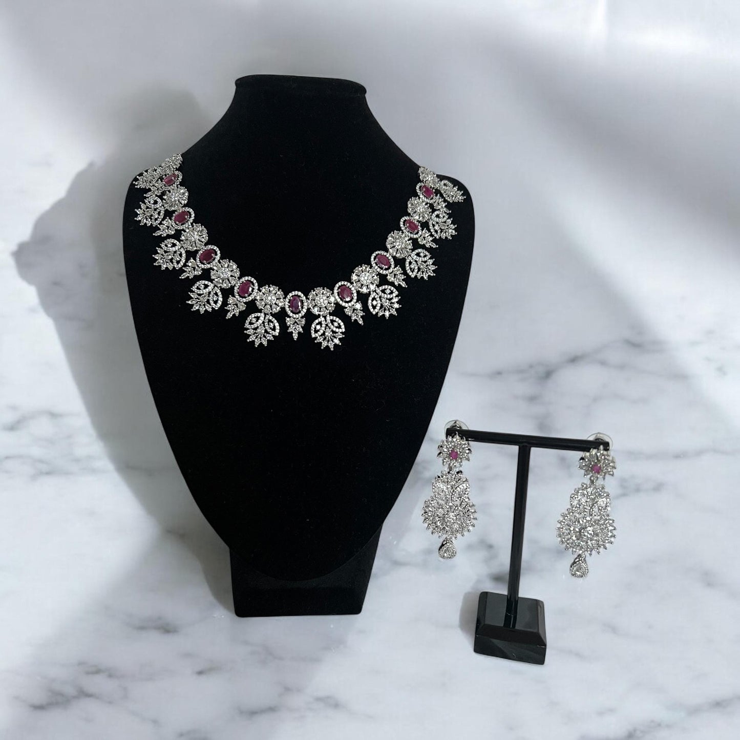 Pink Gemstone with AD floral design necklace set