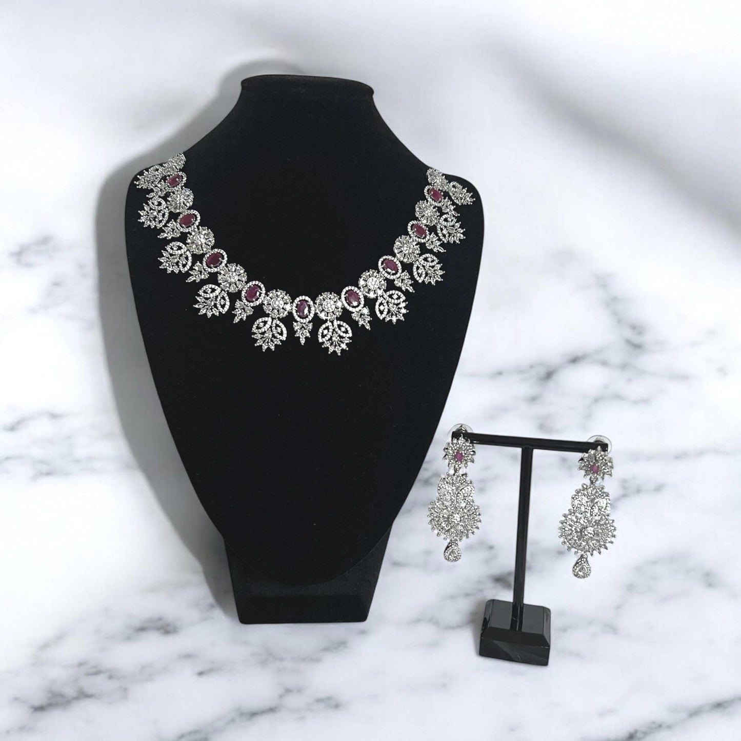 Pink Gemstone with AD floral design necklace set