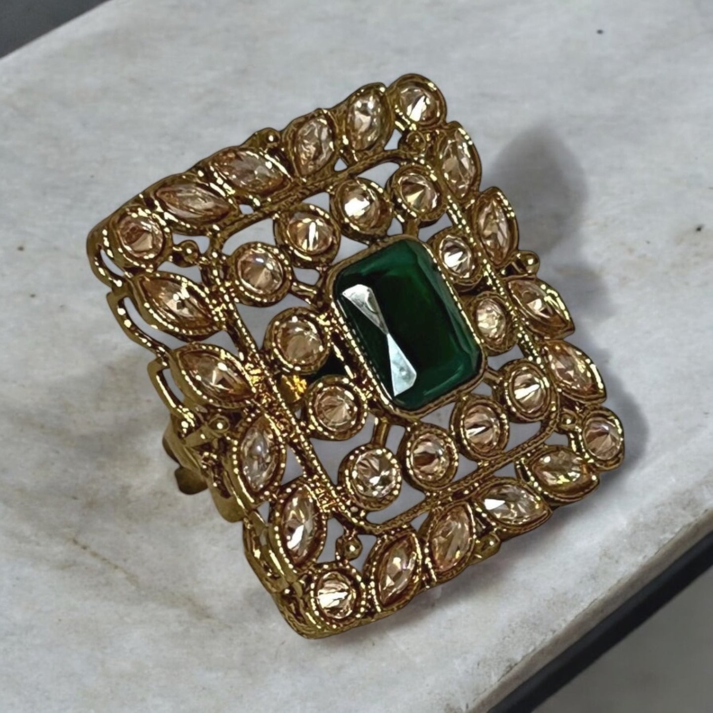 Antic Gold & Green Gemstone Square Ring - Indian Jewelry for Special Occasions