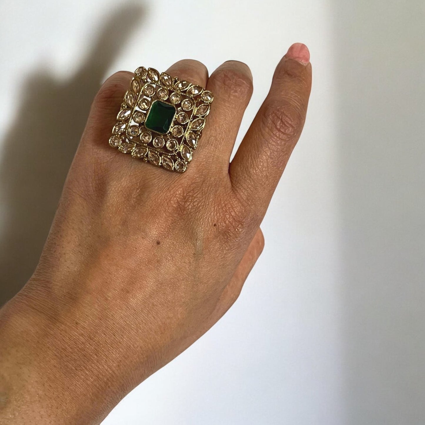 Antic Gold & Green Gemstone Square Ring - Indian Jewelry for Special Occasions