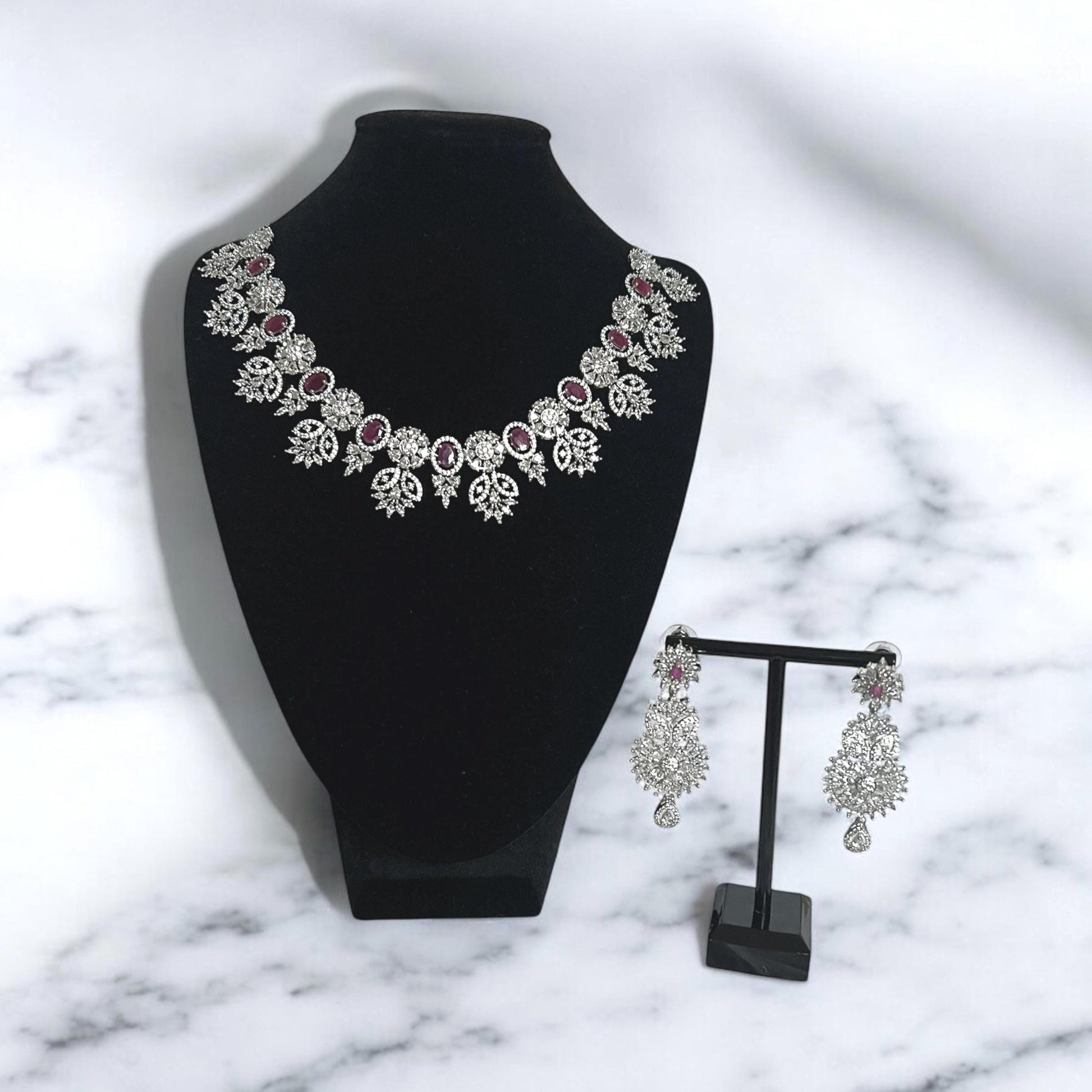 Pink Gemstone with AD floral design necklace set