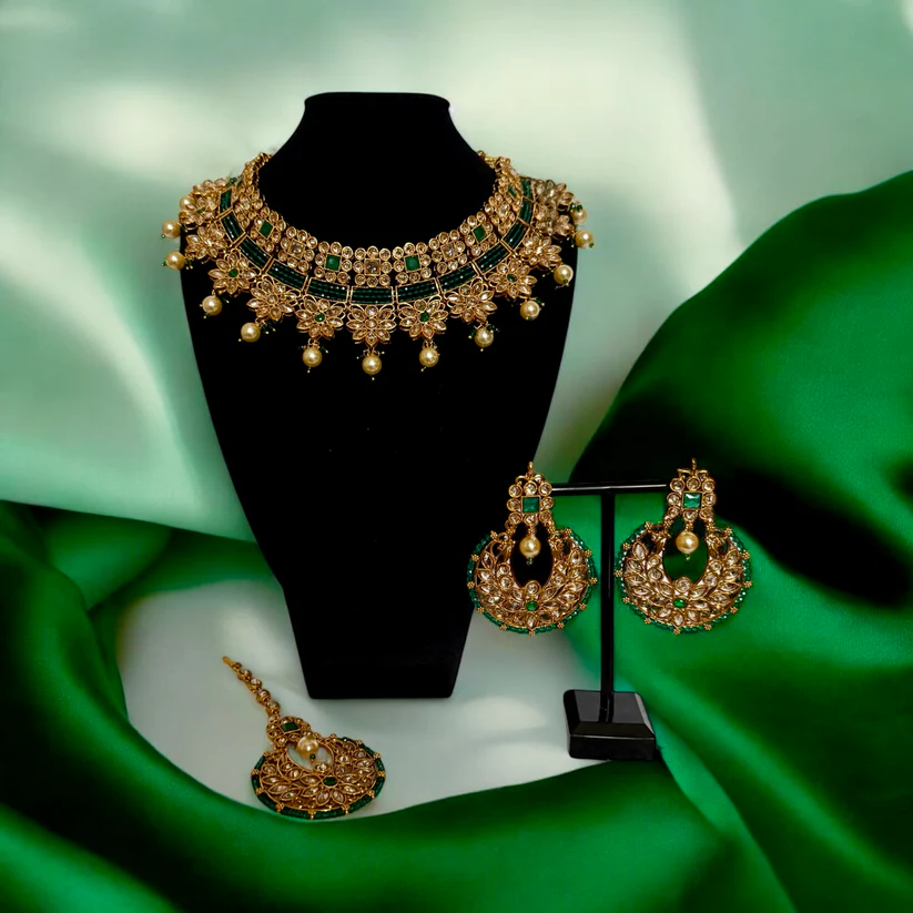 Antique Gold Choker Necklace Set with Green Stones & Pearls - Bridal Jewelry with Earrings & Maang Tikka