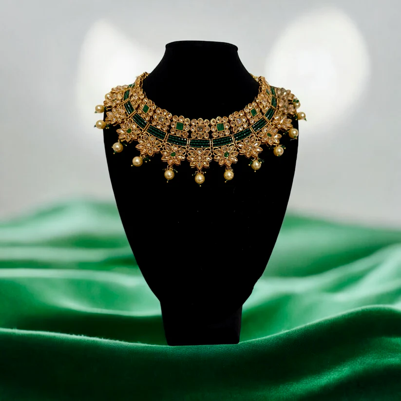 Antique Gold Choker Necklace Set with Green Stones & Pearls - Bridal Jewelry with Earrings & Maang Tikka - Image 2