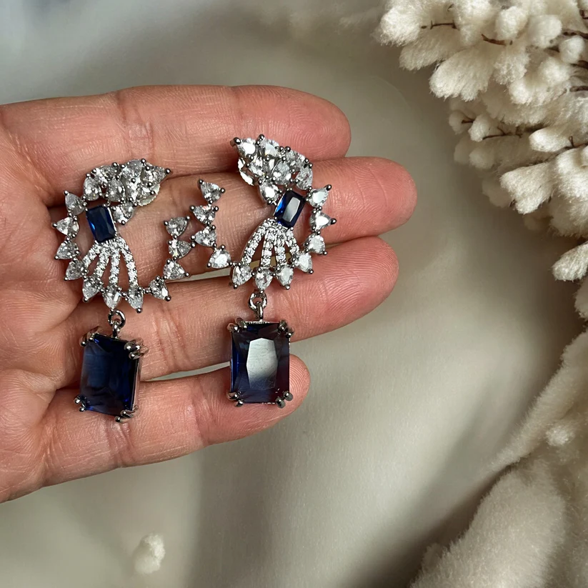 Blue Crystal Sapphire Drop Earrings/ Asian Jewelry/ Indian Bridal - Image 2