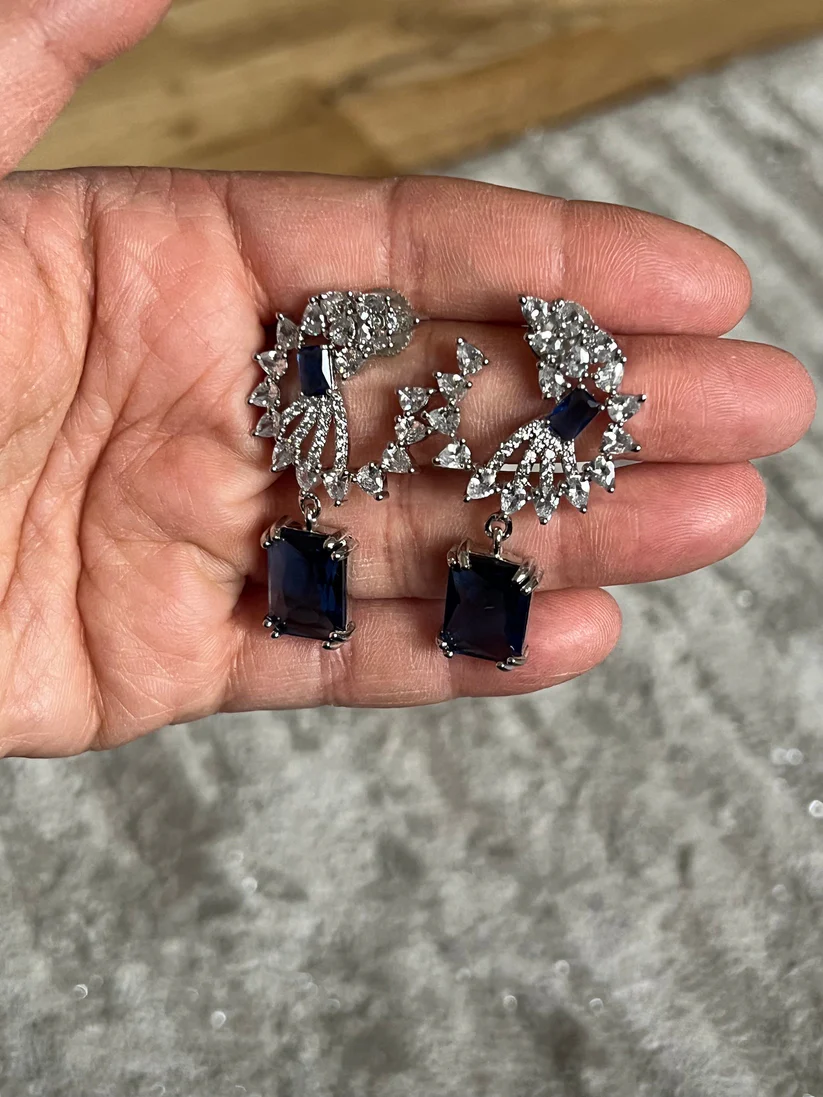 Blue Crystal Sapphire Drop Earrings/ Asian Jewelry/ Indian Bridal - Image 3