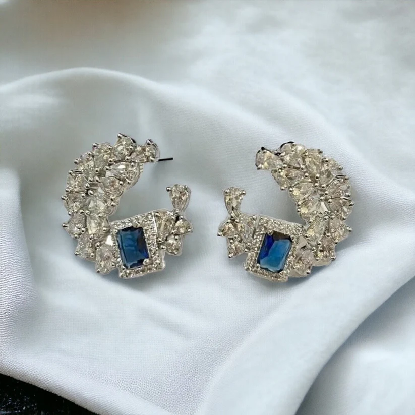 Blue Navy Gemstone, American Diamond Stud Earrings, Indian jewelry, Traditional jewelry, wedding jewelry