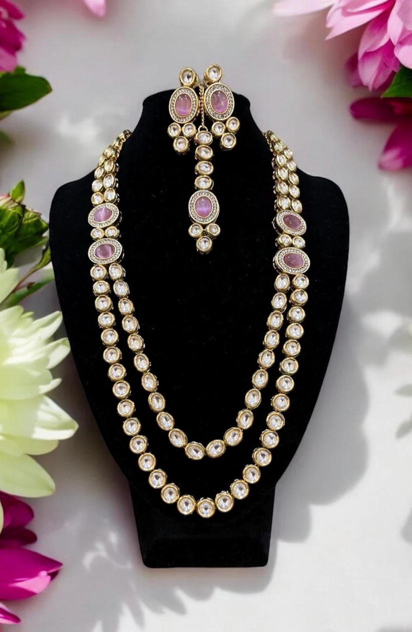 Blush Gold Kundan Necklace Set - Double Layered Bridal Jewelry with Tikka