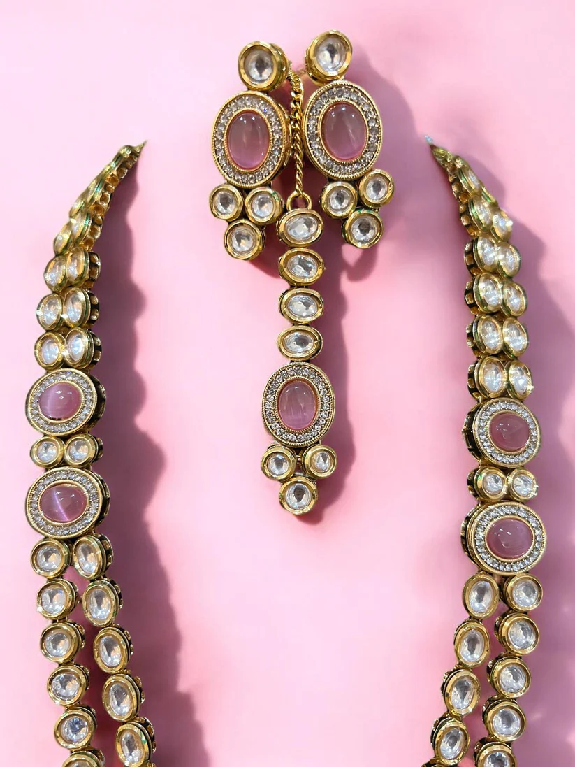 Blush Gold Kundan Necklace Set - Double Layered Bridal Jewelry with Tikka - Image 2
