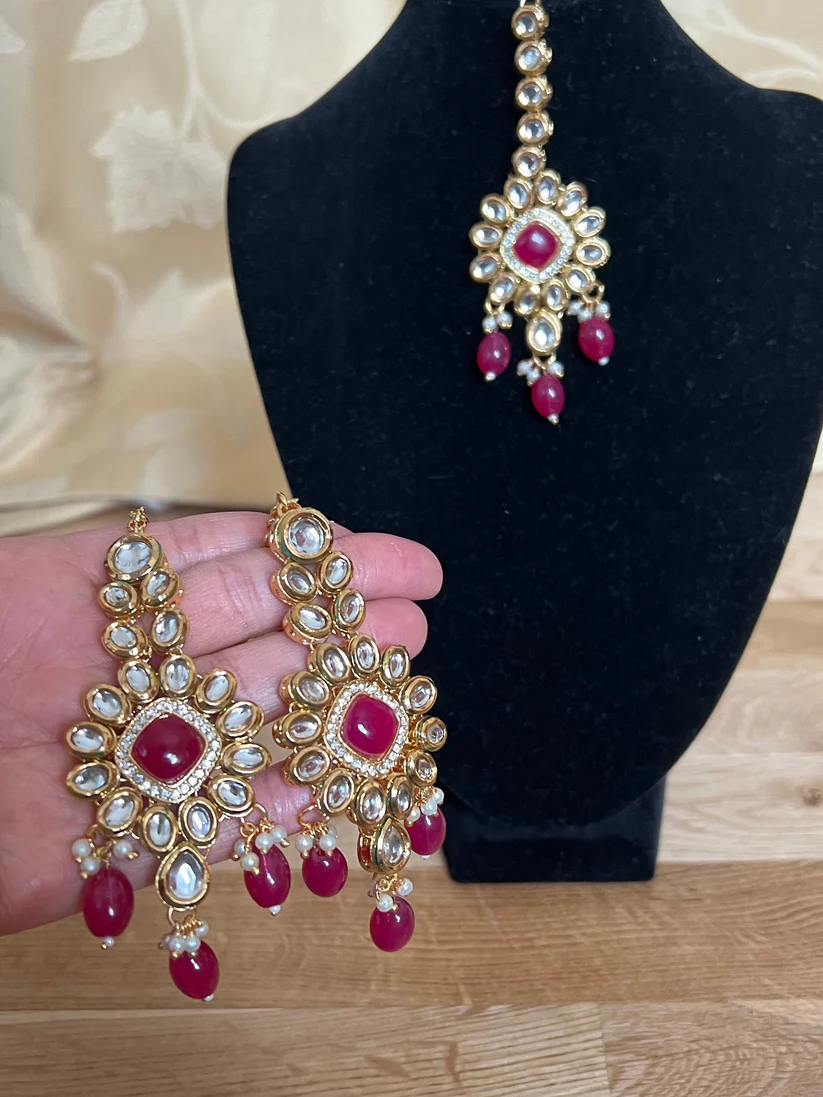 Bridal Red & Gold Earrings with Matching Tikka
