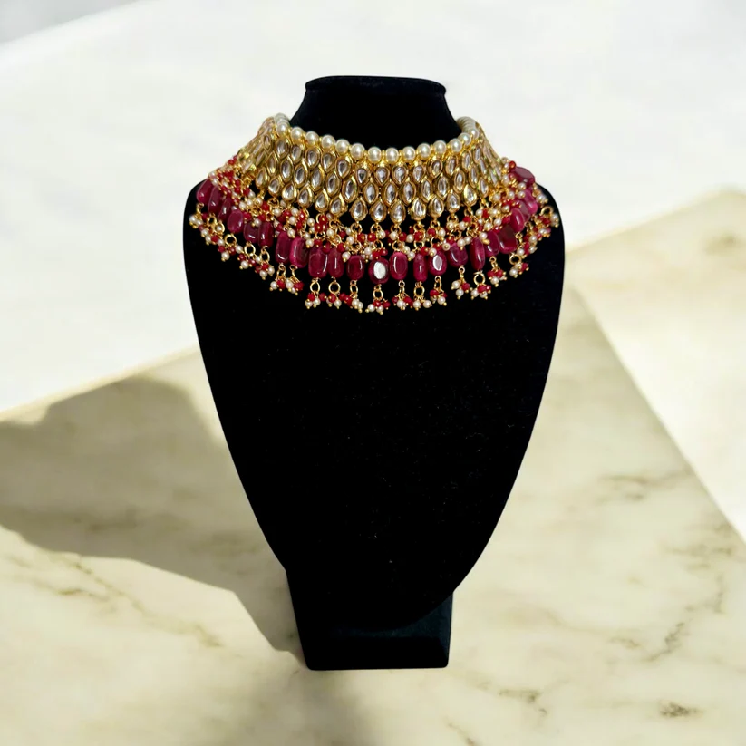 Bridal Red and Gold Beaded Necklace Set with Matching Tikka - Image 3