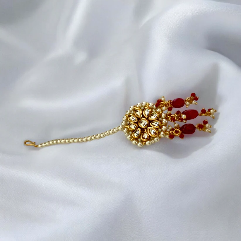 Bridal Red and Gold Beaded Necklace Set with Matching Tikka - Image 4