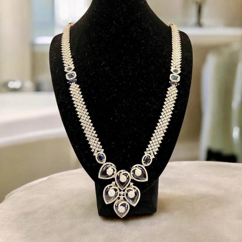 Dark Blue & Clear AD Long Necklace with Matching Drop Earrings - Asian Jewelry, Indian, Bridal - Image 2