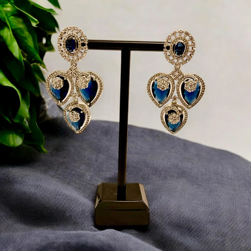 Dark Blue & Clear AD Long Necklace with Matching Drop Earrings - Asian Jewelry, Indian, Bridal - Image 3