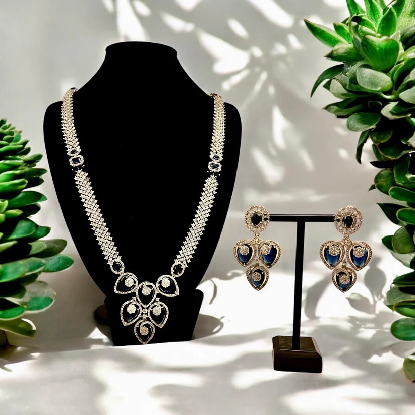 Dark Blue & Clear AD Long Necklace with Matching Drop Earrings - Asian Jewelry, Indian, Bridal - Image 4