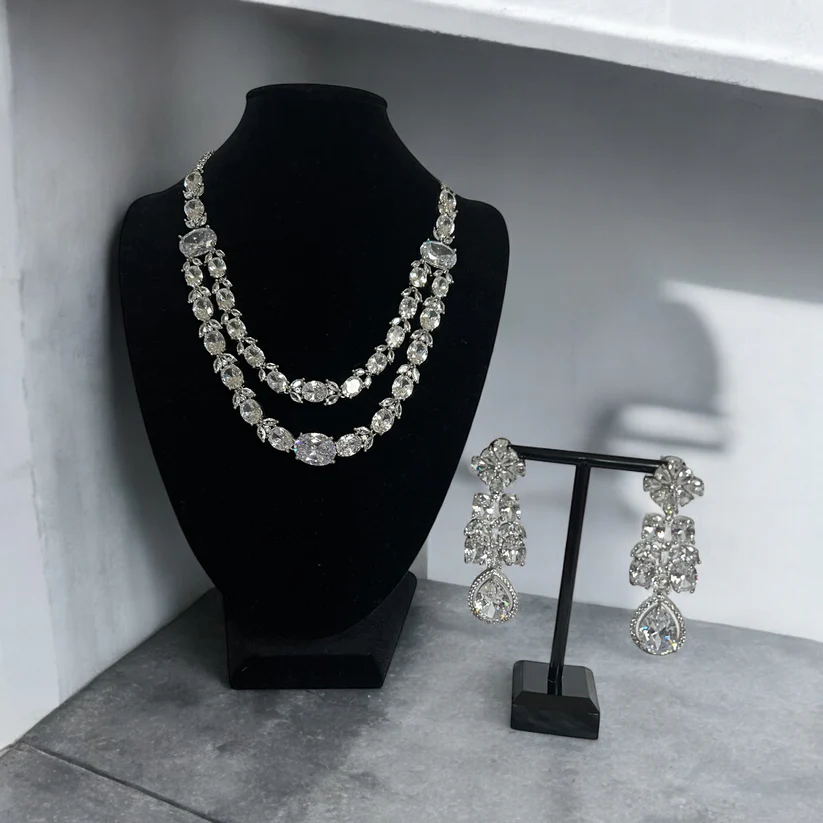 Double Layer Floral Clear AD Crystal Necklace Set