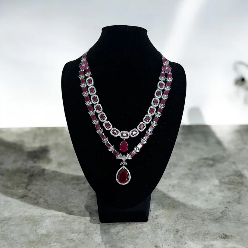 Double Layer Ruby Statement Necklace Set with Matching Earrings - Bridal & Occasion Jewelry - Image 2