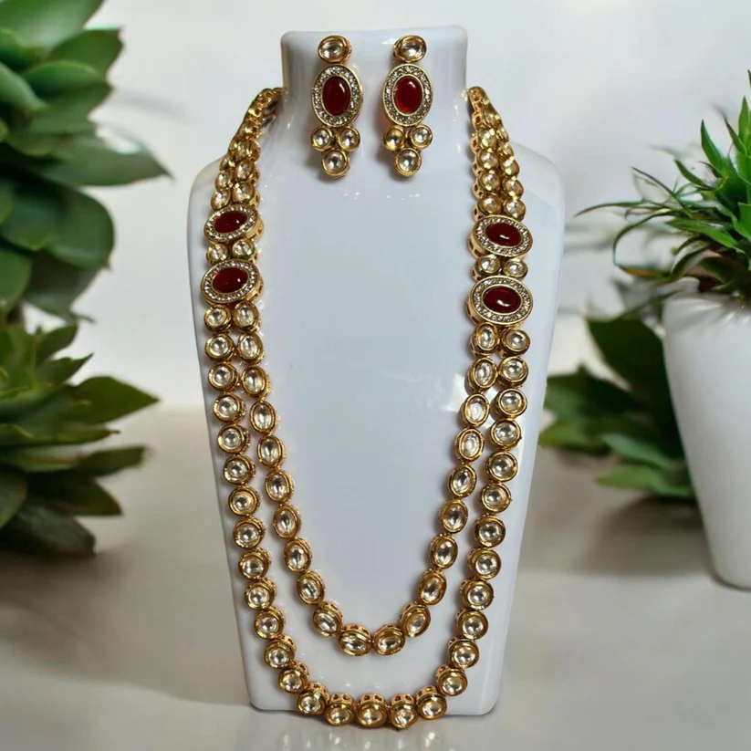 Elegant Long Pearl & Dark Ruby Kundan Necklace Set with Tikka - Image 2