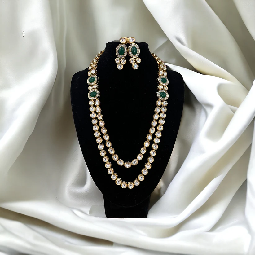 Elegant Long Pearl Gold & Green Kundan Necklace Set with Tikka - Image 3