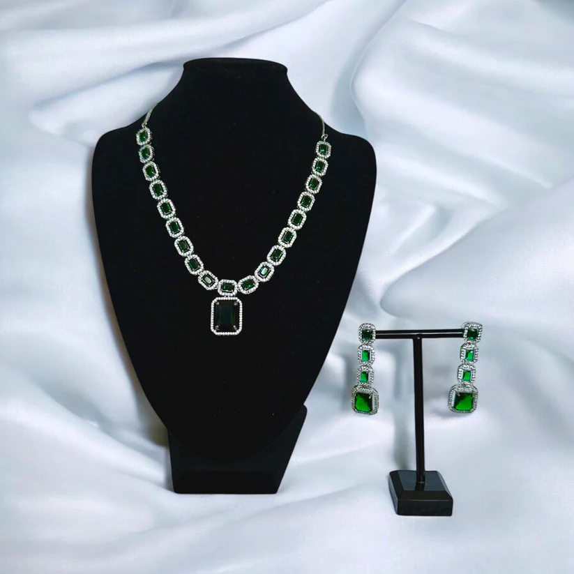 Emerald Green Square Stone Necklace Set with Matching Drop Earrings - Evening & Party Jewelry