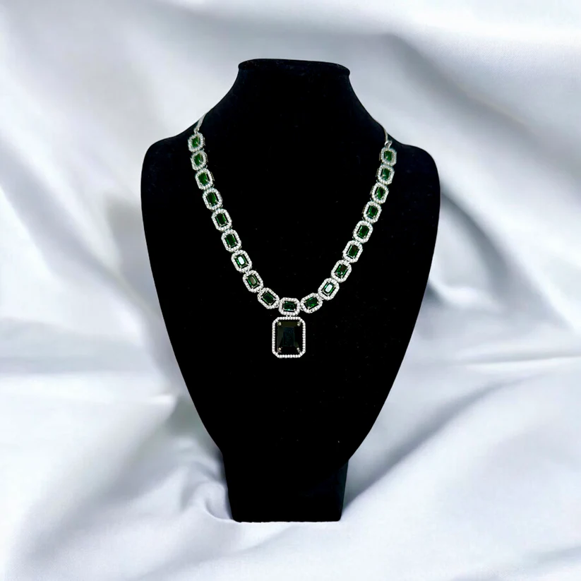 Emerald Green Square Stone Necklace Set with Matching Drop Earrings - Evening & Party Jewelry - Image 2