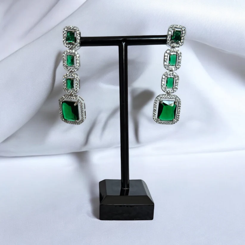 Emerald Green Square Stone Necklace Set with Matching Drop Earrings - Evening & Party Jewelry - Image 3