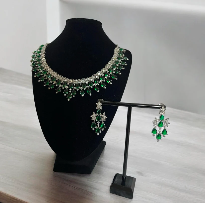 Emerald Green with American Diamond Marquise shape Necklace Set