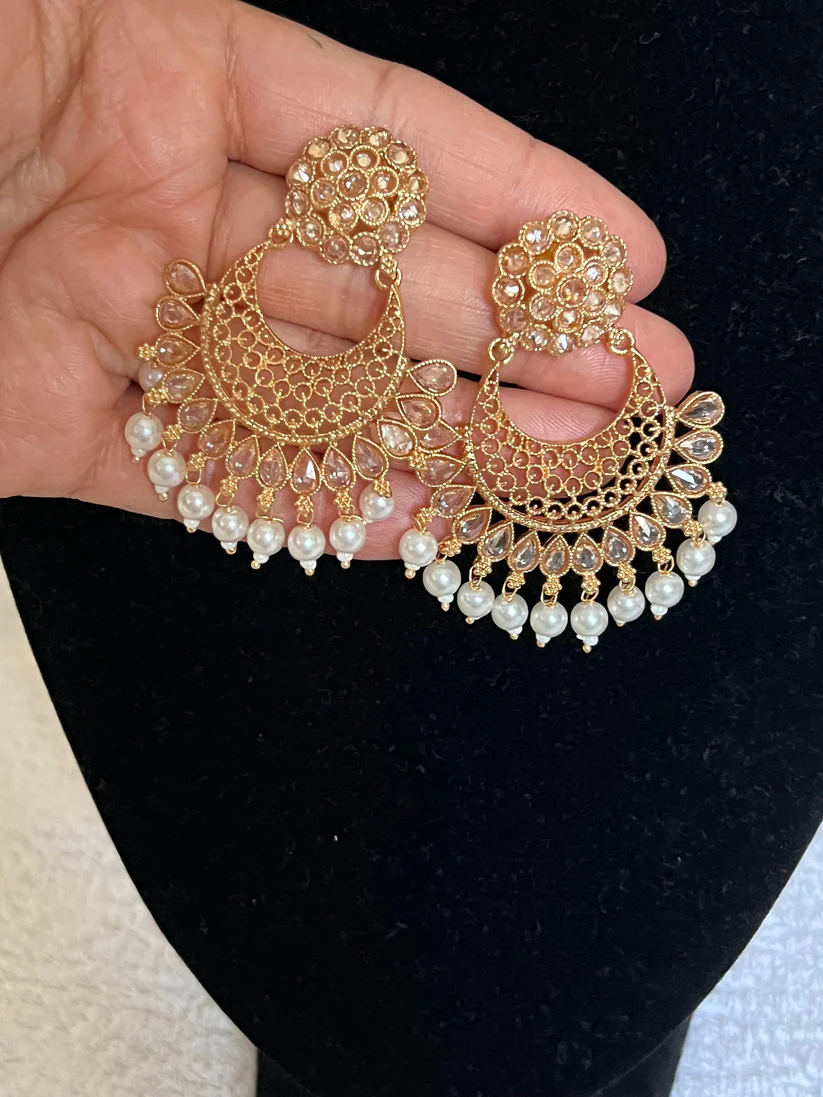 Gold & Pearl Beaded Jhumke Earrings, Indian Jewelry, Traditional Desi Jewelry - Image 3