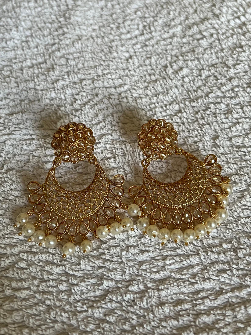 Gold & Pearl Beaded Jhumke Earrings, Indian Jewelry, Traditional Desi Jewelry - Image 5
