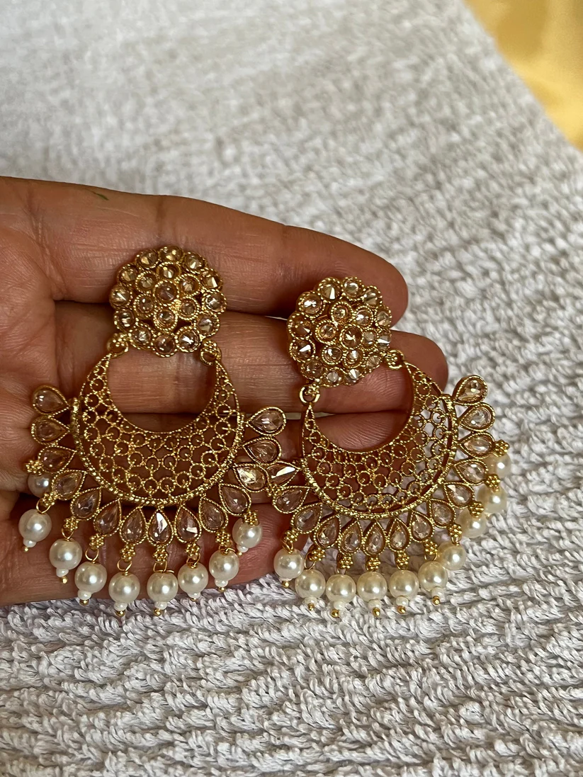 Gold & Pearl Beaded Jhumke Earrings, Indian Jewelry, Traditional Desi Jewelry - Image 2