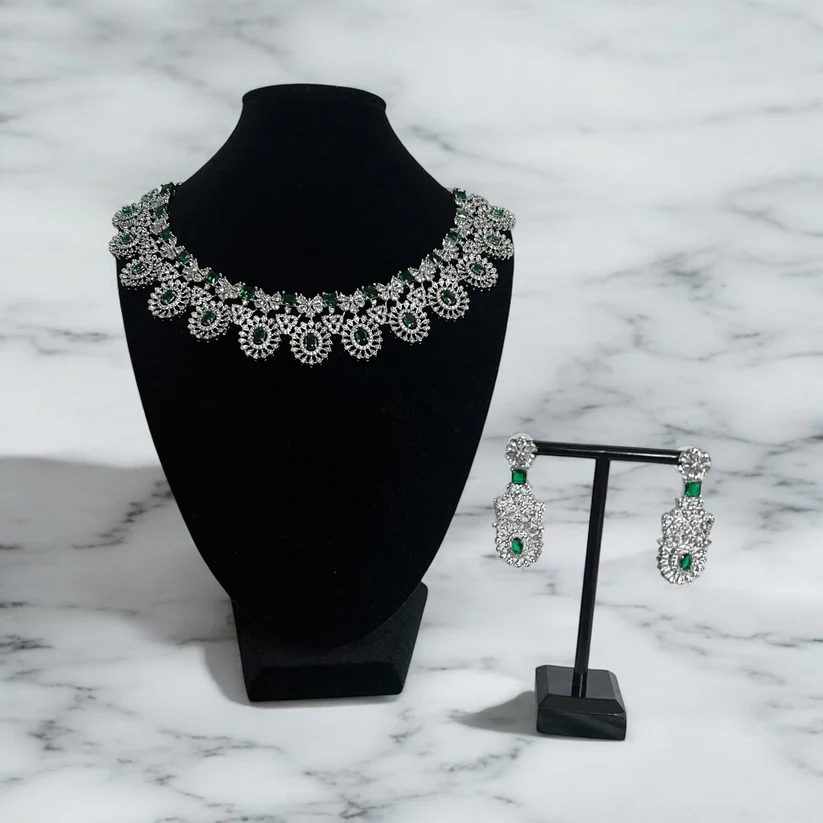 Green American Diamond Intricate Detailed Necklace Set
