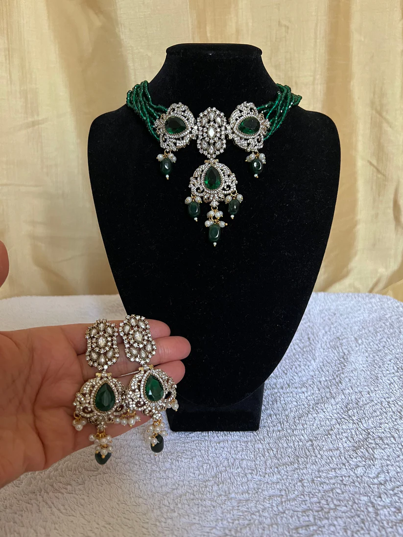 Green Choker & Earrings, Traditional Heeramandi Indian Jewelry, Asian Jewelry