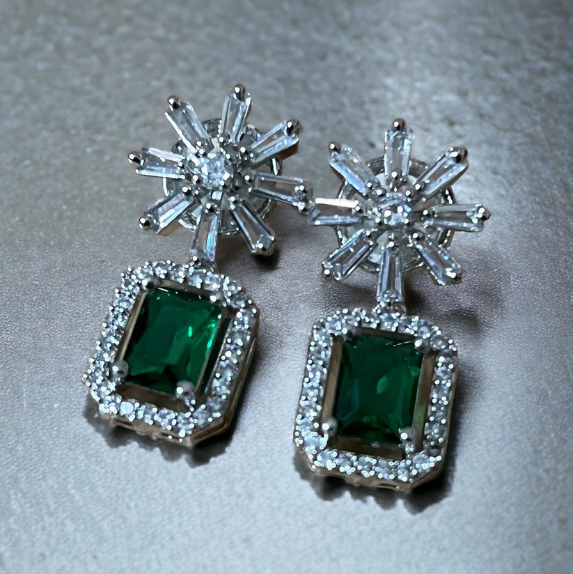 Green Crystal Star Studded Drop Earrings - Image 2