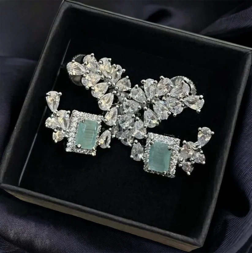 Green, Sea Green, Pastel Green Crystal Stud Earrings, American Diamond jewellery/ Asian Jewellery/ Green Earrings/ Bridal