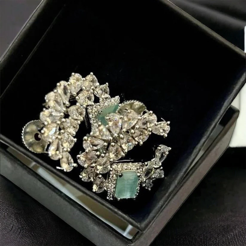 Green, Sea Green, Pastel Green Crystal Stud Earrings, American Diamond jewellery/ Asian Jewellery/ Green Earrings/ Bridal - Image 3