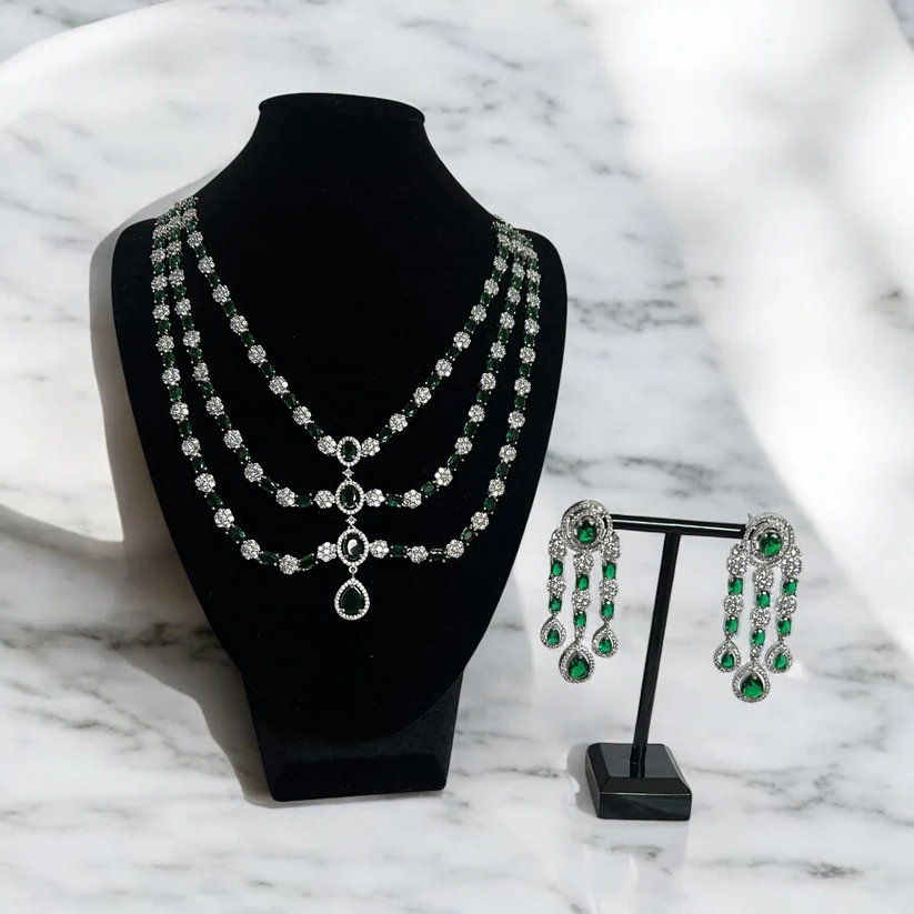 Layered Emerald Gemstone Pendant Necklace Set for Women