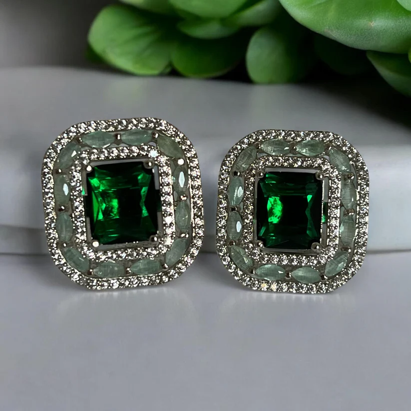 Luxury Green Emerald & Crystal Mini Square Drop Earrings - Elegant Jewelry