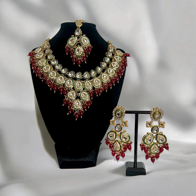 Luxury Kundan Bridal Set | Red Polki Necklace, Earrings & Maang Tikka