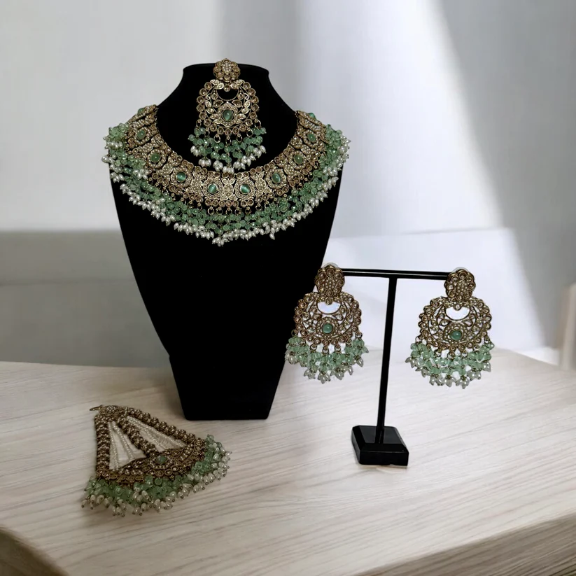 Mint Green Beaded Kundan Choker Set with Earrings & Maang Tikka - Antique Gold Bridal Jewelry