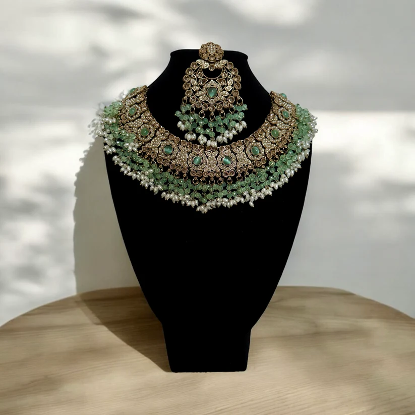 Mint Green Beaded Kundan Choker Set with Earrings & Maang Tikka - Antique Gold Bridal Jewelry - Image 2