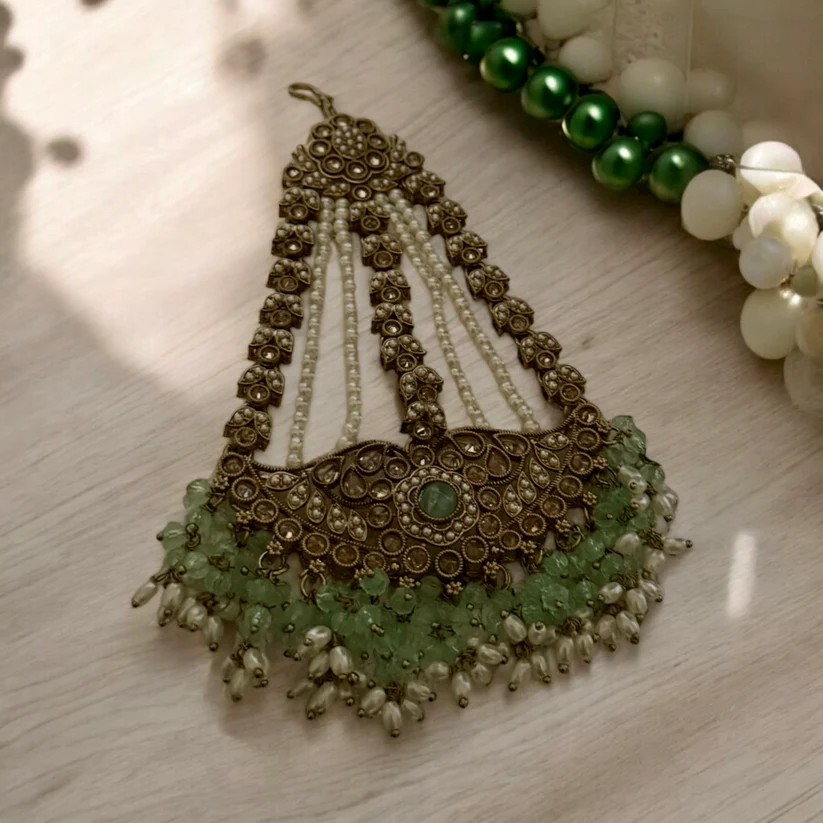 Mint Green Beaded Kundan Choker Set with Earrings & Maang Tikka - Antique Gold Bridal Jewelry - Image 3