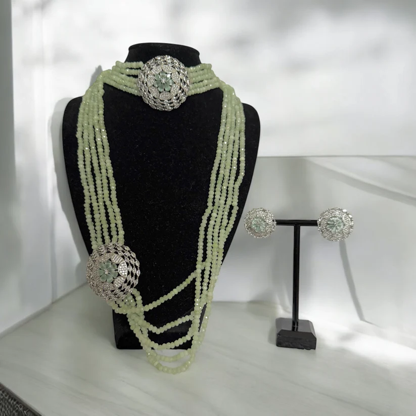 Mint Green, Sea Green Beaded, AD Necklace Set with choker
