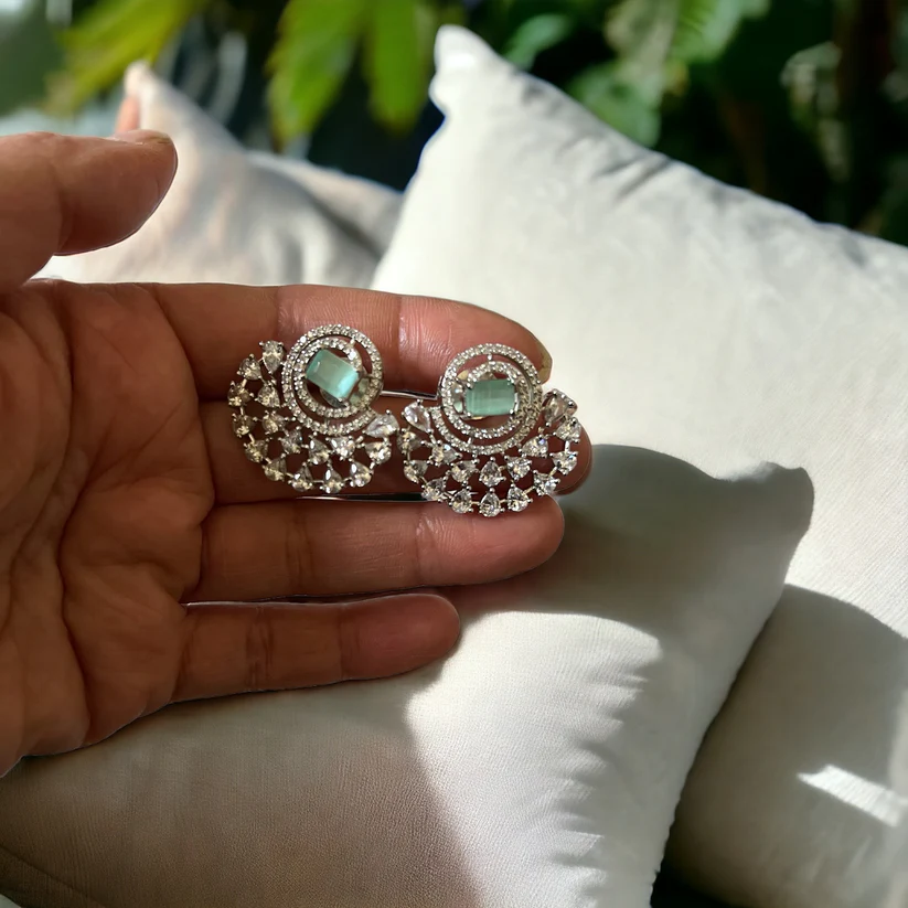 Mint Green, Sea Green, Turquoise Half Moon Drop Earrings - Indian, Asian, Bollywood Jewelry