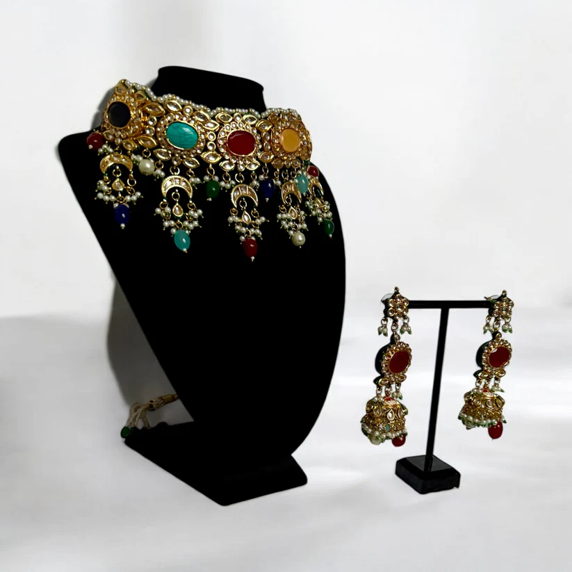 Navratna Inspired Polki Choker Set with Colorful Stones & Jhumka Earrings - Antique Gold Bridal Jewelry