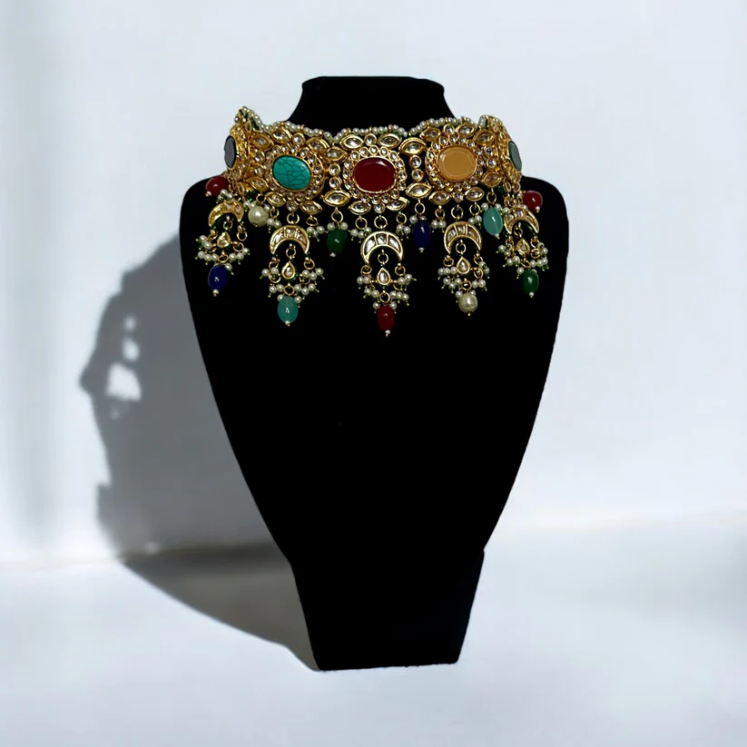 Navratna Inspired Polki Choker Set with Colorful Stones & Jhumka Earrings - Antique Gold Bridal Jewelry - Image 2