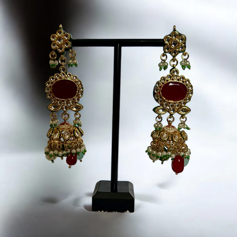 Navratna Inspired Polki Choker Set with Colorful Stones & Jhumka Earrings - Antique Gold Bridal Jewelry - Image 3