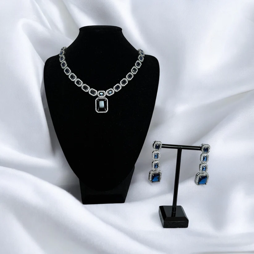 Navy Blue Crystal Square Necklace Set with Matching Earrings - Elegant Evening Jewelry